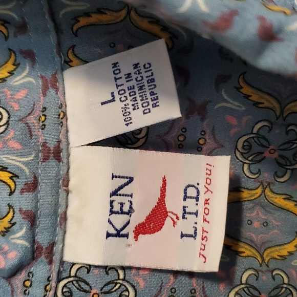 Ken Ltd LG Cotton Patterned Blue & Yellow Button Up Short Sleeve Summer Shirt - Picture 8 of 8